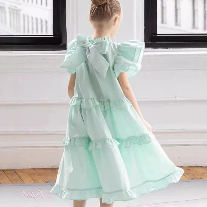 2025 Girls' Dress with Standing Collar and Flying Sleeves Bow Tie Princess Dress Summer Outfit Fashionable Children's Clothing