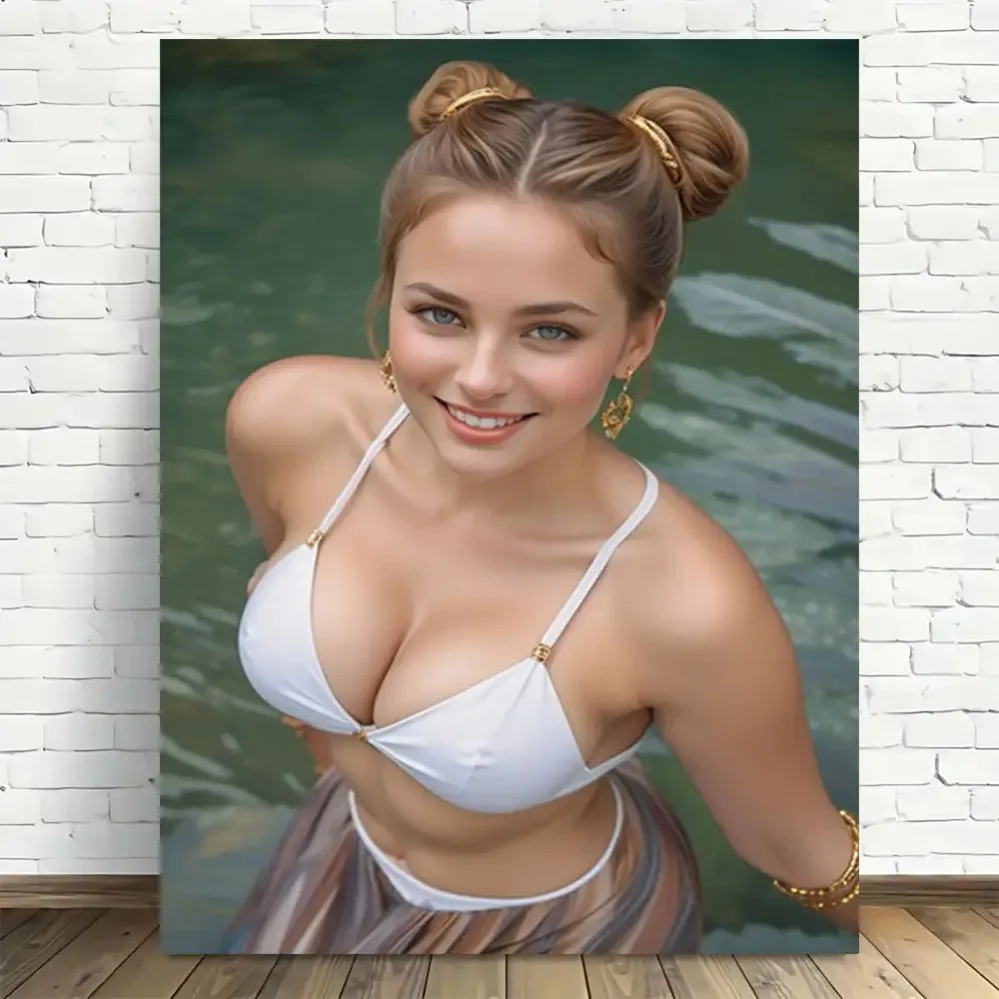Modern Retro Wall Art White Bikini Lady Gold Frame Canvas Poster Home Decor