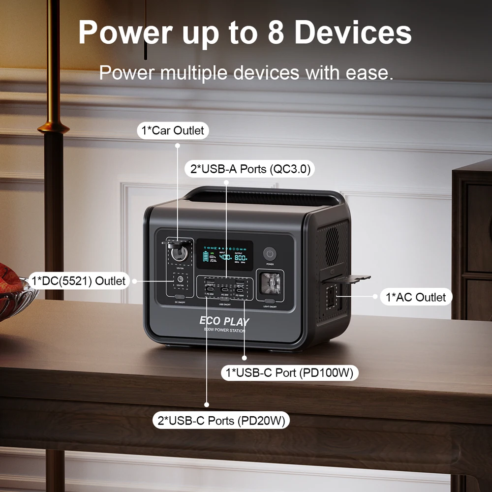 ECOPLAY Portable Power Station 800W 512Wh Solar Generator,Battery Pack Camping, Home Backup, USB-C PD, USA Plug