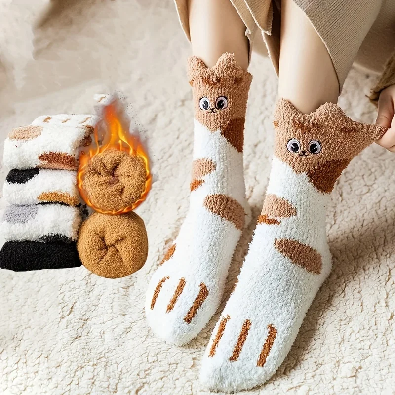 5 pairs of unisex autumn/winter embroidered ears for attracting wealth  cat claws  coral velvet warm socks