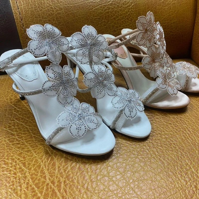 

Luxury Women Sandals Exquisite Rhinestones Flower High Heeled Sandals for Woman Model Casual Shoe Designer Shoes Sandalias Mujer
