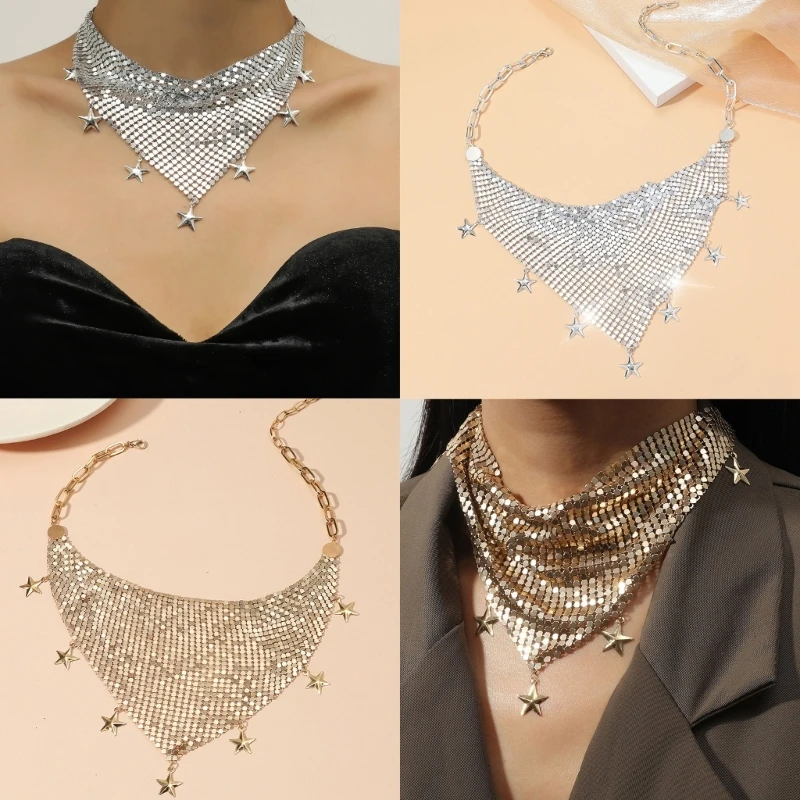 Vintage Scarf Necklace Bling Collar Neckerchief Women Jewelry Lustrous Choker Necklace Female Party Sequin Necklace