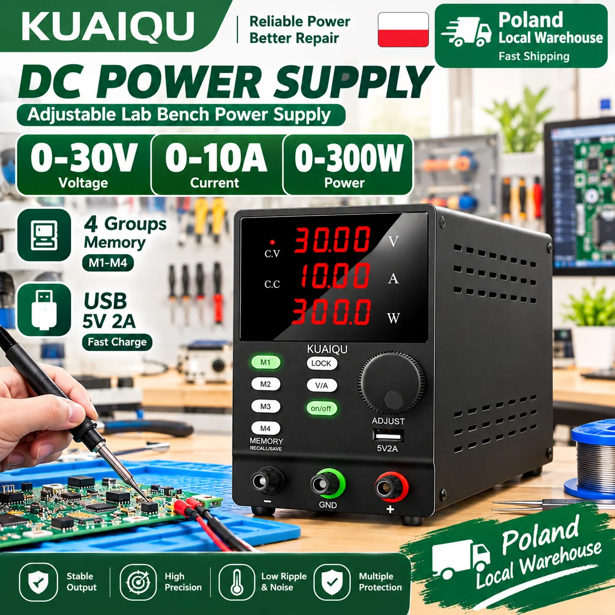 Zasilacz laboratoryjny KUAIQU 4-Dight 300W DC 30V/60V/120V 3A/5A/10A z regulacją napięcia, regulowany regulator napięcia M1/M2/M3/M4, zasilacz impulsowy LED z funkcją ON/OFF LOCK do naprawy telefonów,