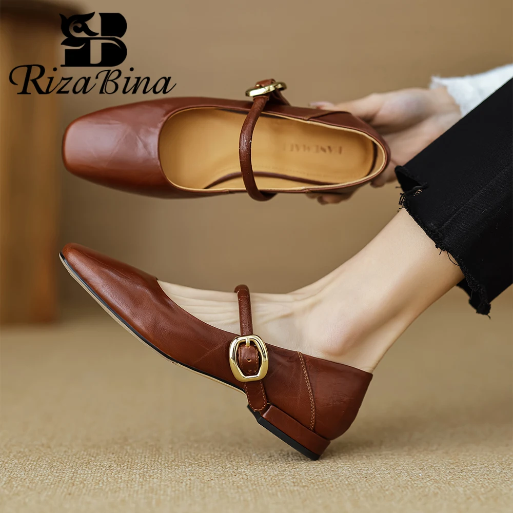 

RIZABINA Newest Casual Women Flats Genuine Leather Spring Summer Office Pumps Ladies Low Heel Buckle Mary Janes Shoes Size 34-40