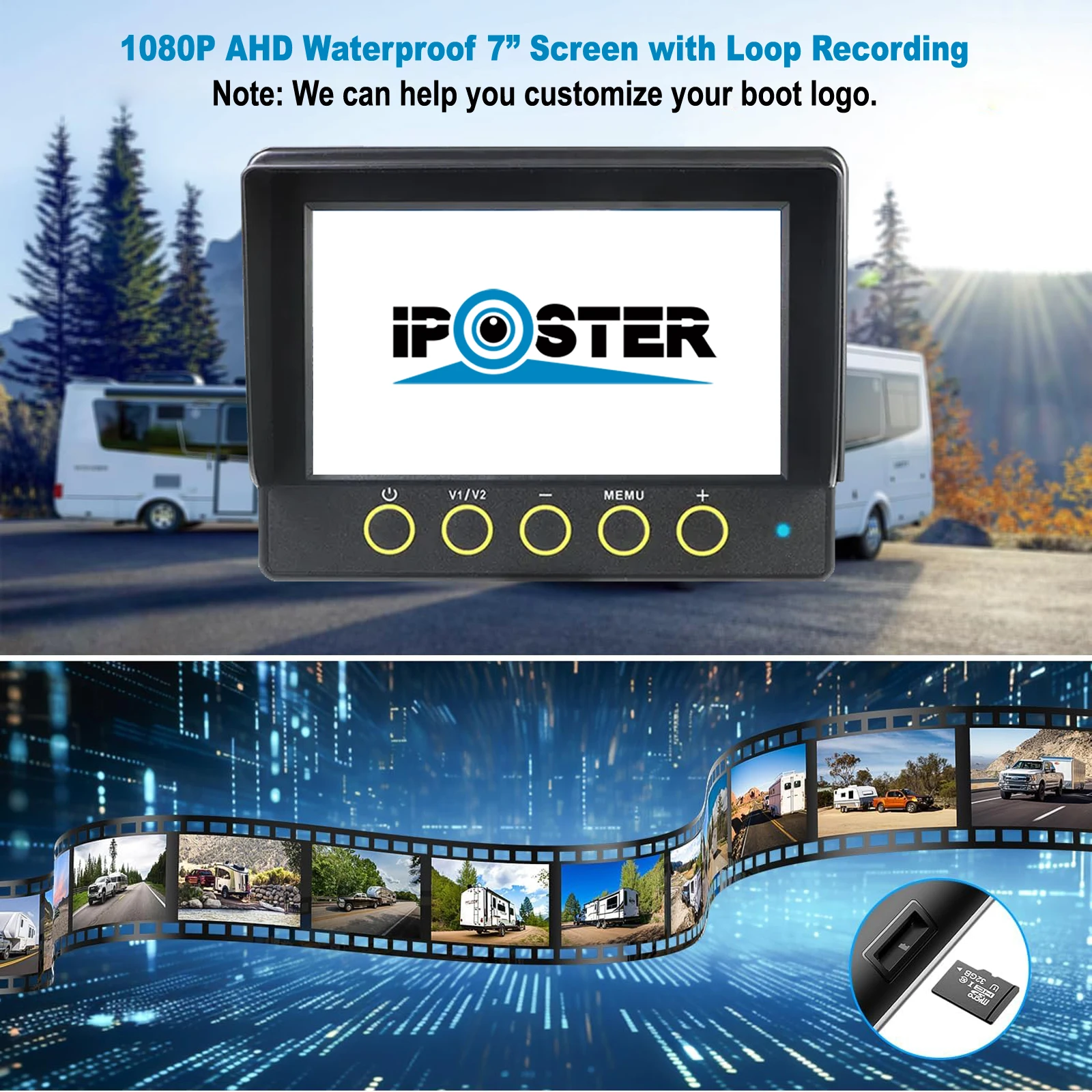 شاشة IPoster 7 بوصة مقاومة للماء مدمجة في DVR BSD Ai كشف 1080P كاميرا احتياطية للرؤية الخلفية لعربة القافلة #3