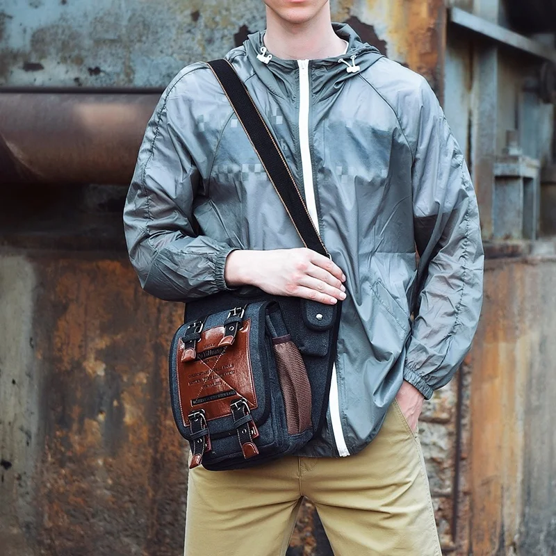 Retro Canvas Saddlebag Crossbody Bag Men's Casual Riding Shoulder Bag Fashionable Leisure Sports Messenger Small Backpack
