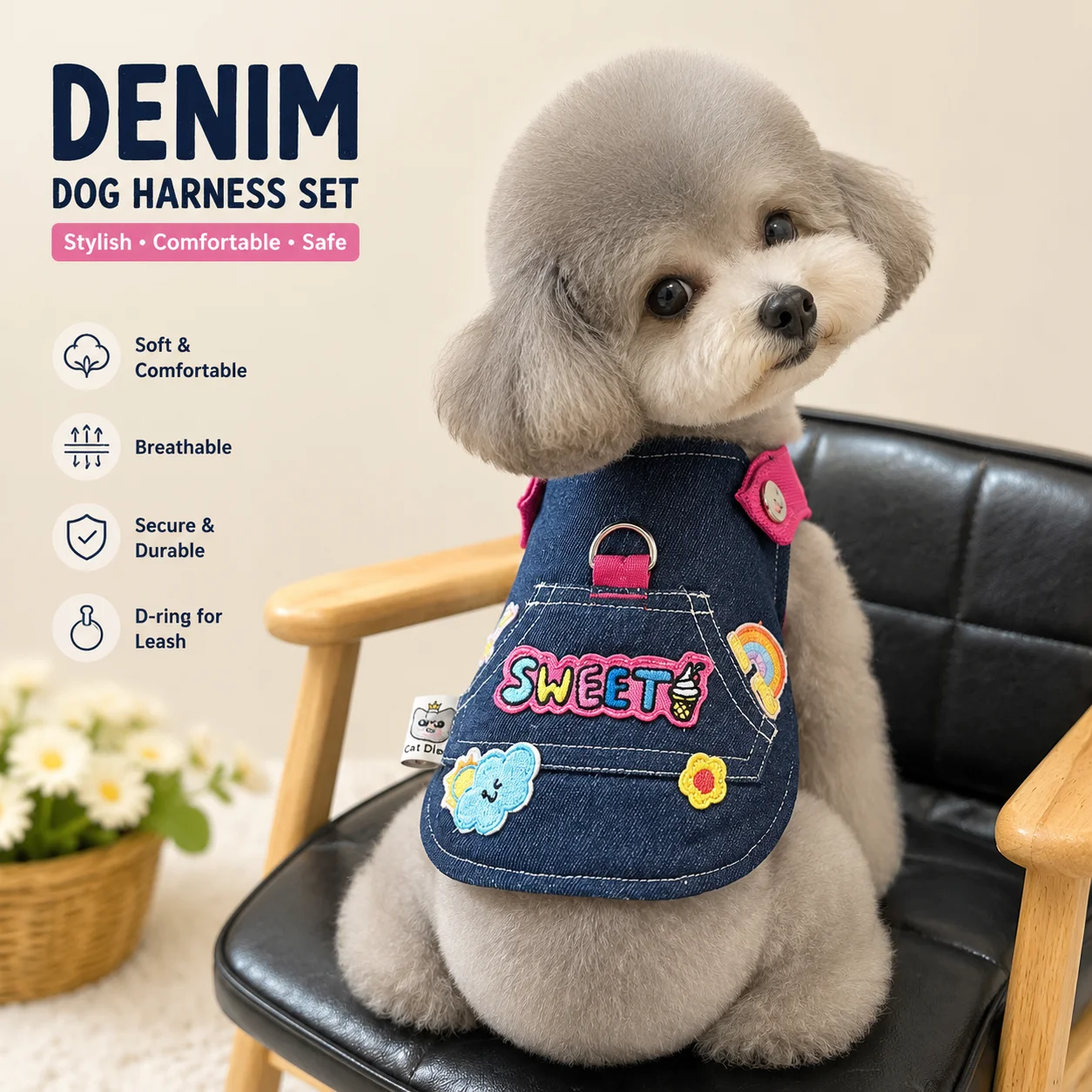Cute Denim Dog Harness and Leash Set, Fashion Jean Style Pet Vest Harness for Small Dogs, Walking Outdoor Accessories