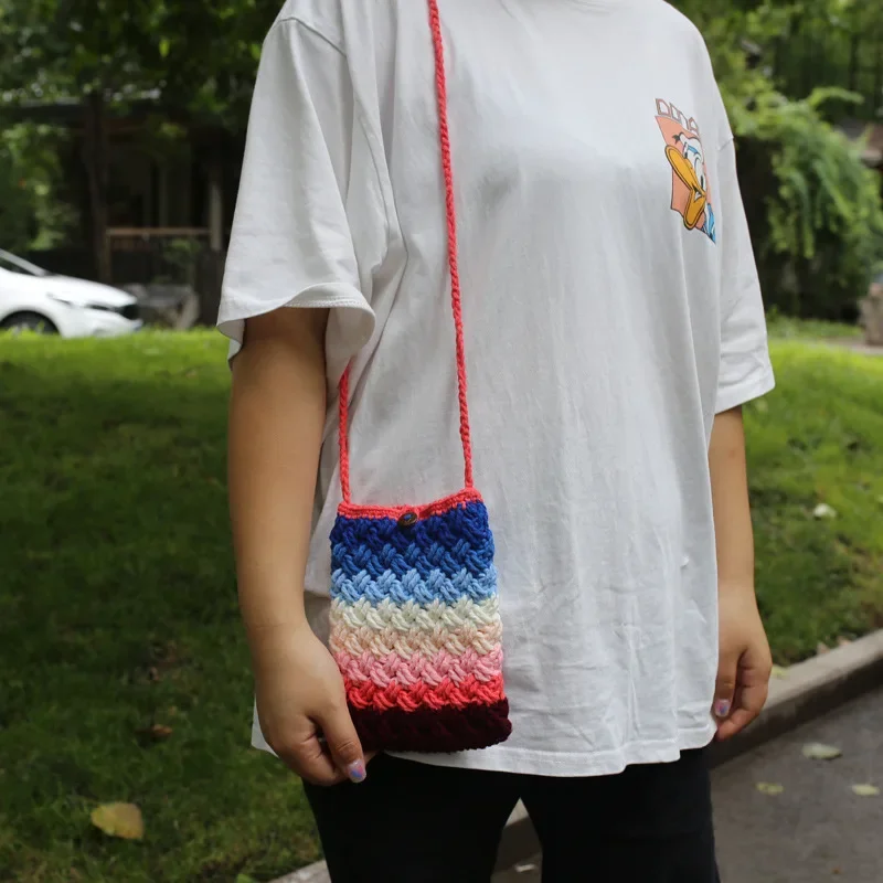 Female Handmade Crochet Knitted Rainbow Color Flap Shoulder Bag Teenager Girl Cute Sweet Small Size Smartphone Messenger Bag