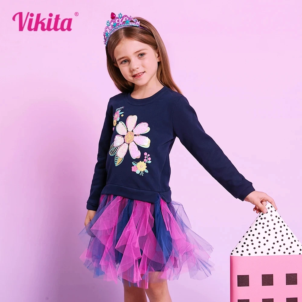 VIKITA Kids Heart Dresses Children Autumn Long Sleeve Vestidos Kids Casual Dress Toddler Mesh Tulle Dresses Children Clothing