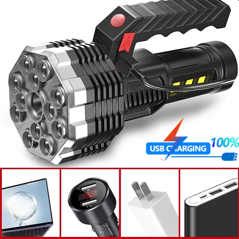 High Power 13 LED+COB Flashlight Powerful USB Rechargeable Torch Handheld Portable Emergency Light 4 Lighting Modes Flashlights