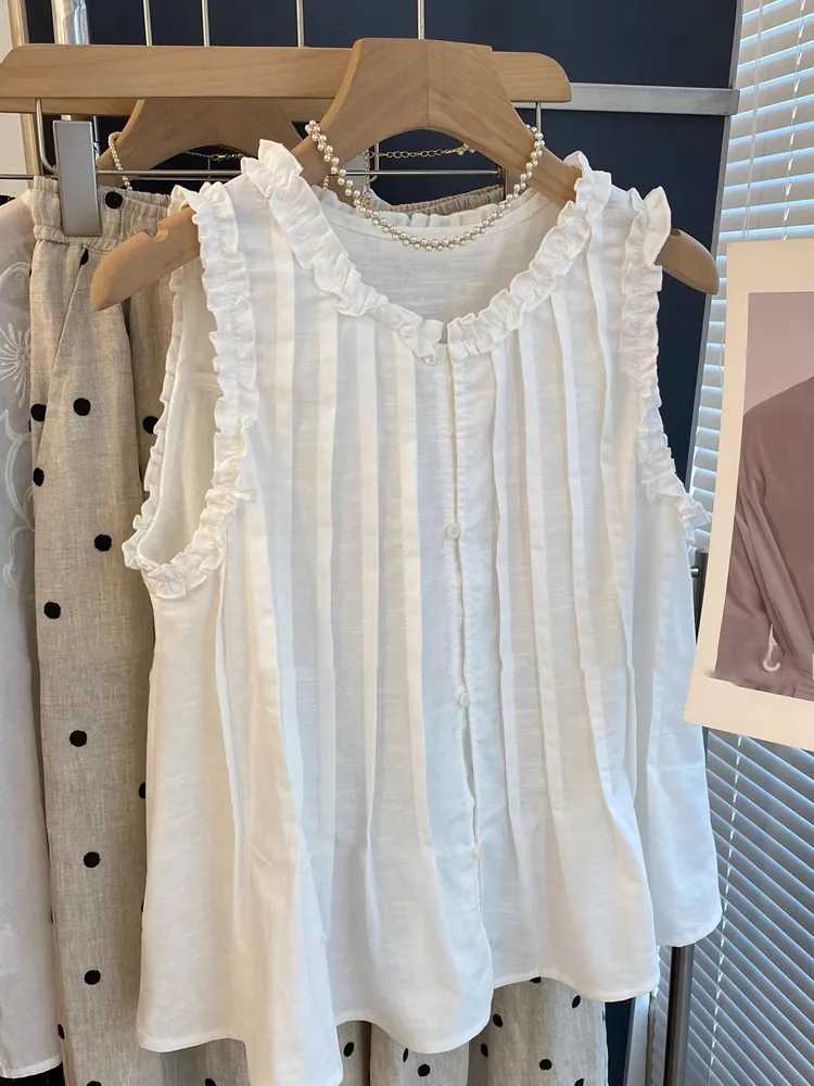 

Sweet Ruffled Loose Cotton And Linen Sleeveless Shirt Tops Women's White Holiday Bohemian Beach Vest Top