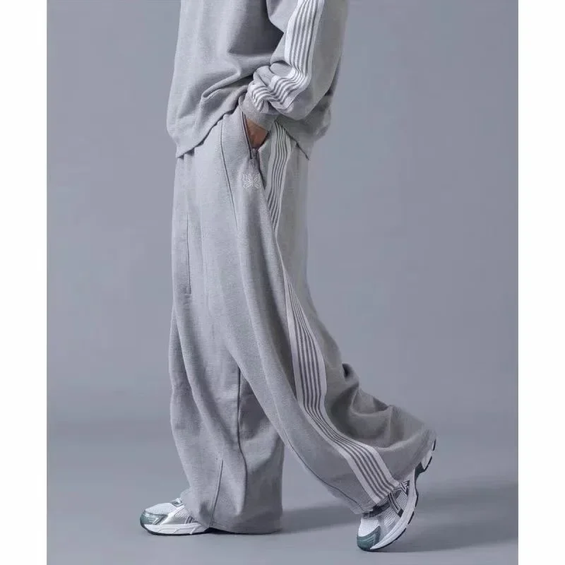 

25SS Butterfly Embroidery AWGE Wide Leg Pants Men Women Grey Pure Cotton Oversized Striped Sweatpants