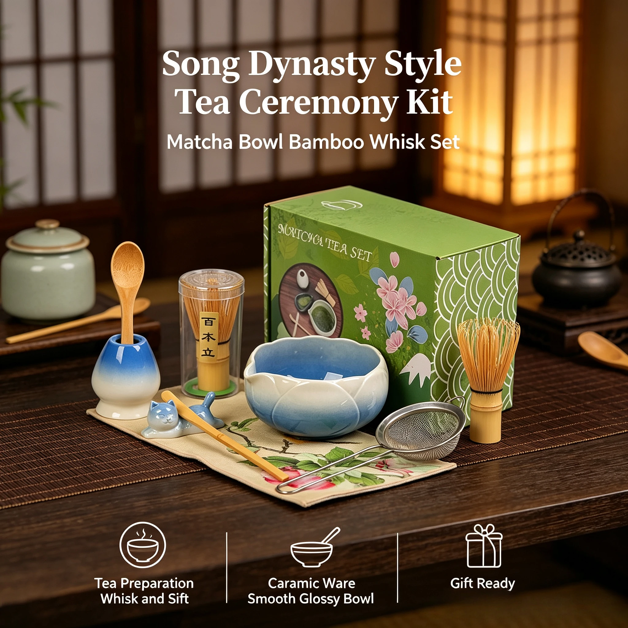 Japanese Ceramic Matcha Bowl Set Bamboo Chasen 100 Prongs Matcha Whisk Song Dynasty Tea Ceremony Gift Kit
