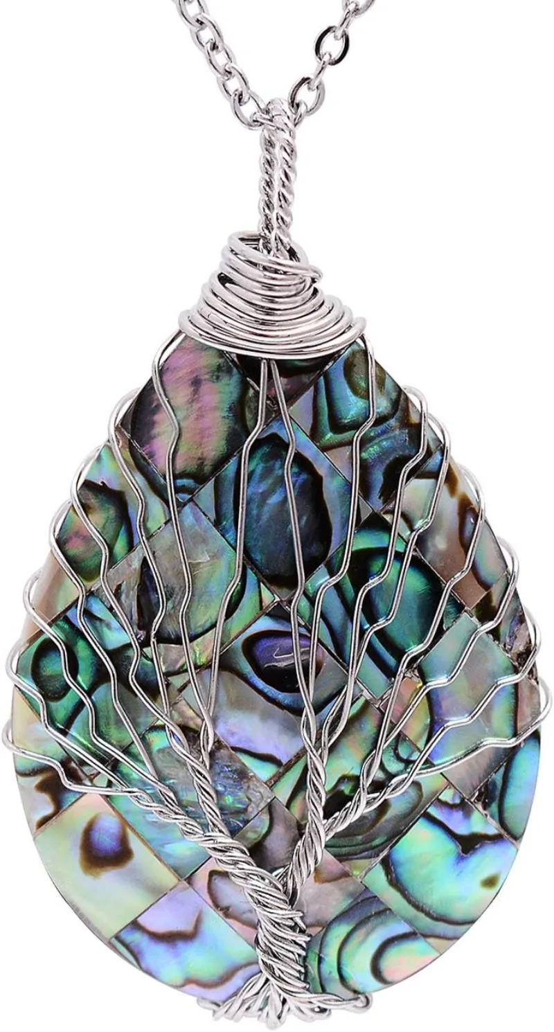 

New Tear Drop Abalone Shell Pendent Necklace Wire Wrap Tree of Life Pendant Necklace for Women Mothers Day Gift Jewelry