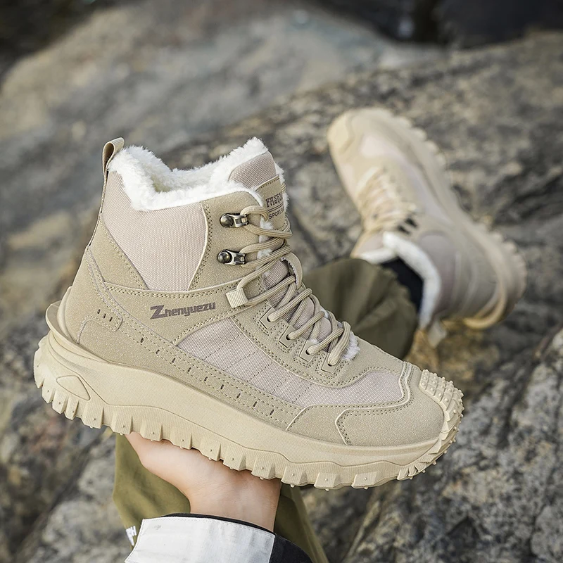 Men Plus Size Winter Snow Boots Tactical Hiking Shoes Thick Plush Lined Booties Aggressive Lug Sole Outdoor Work Footwear