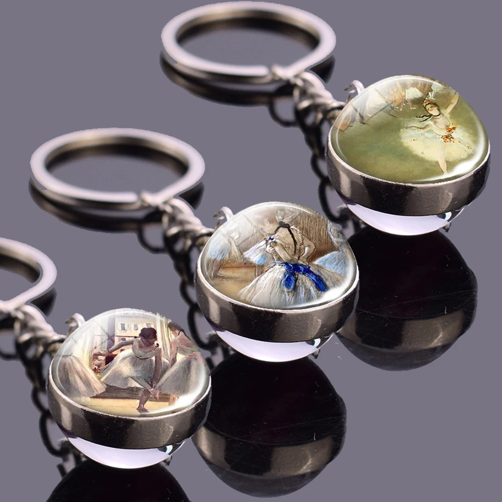 Ballerina Jewelry Keychain Double Side Key Chains Ballet Class Glass Ball Keyring Ballet Lover Gifts Edgar Degas Fashion Art