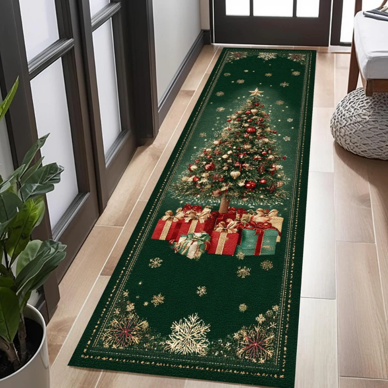 Green Christmas Tree Gift Box Snowflake graphics Runner Rug,Entryway,Laundry Room,Terrace,Non Slip Rug,Christmas Decor Gift