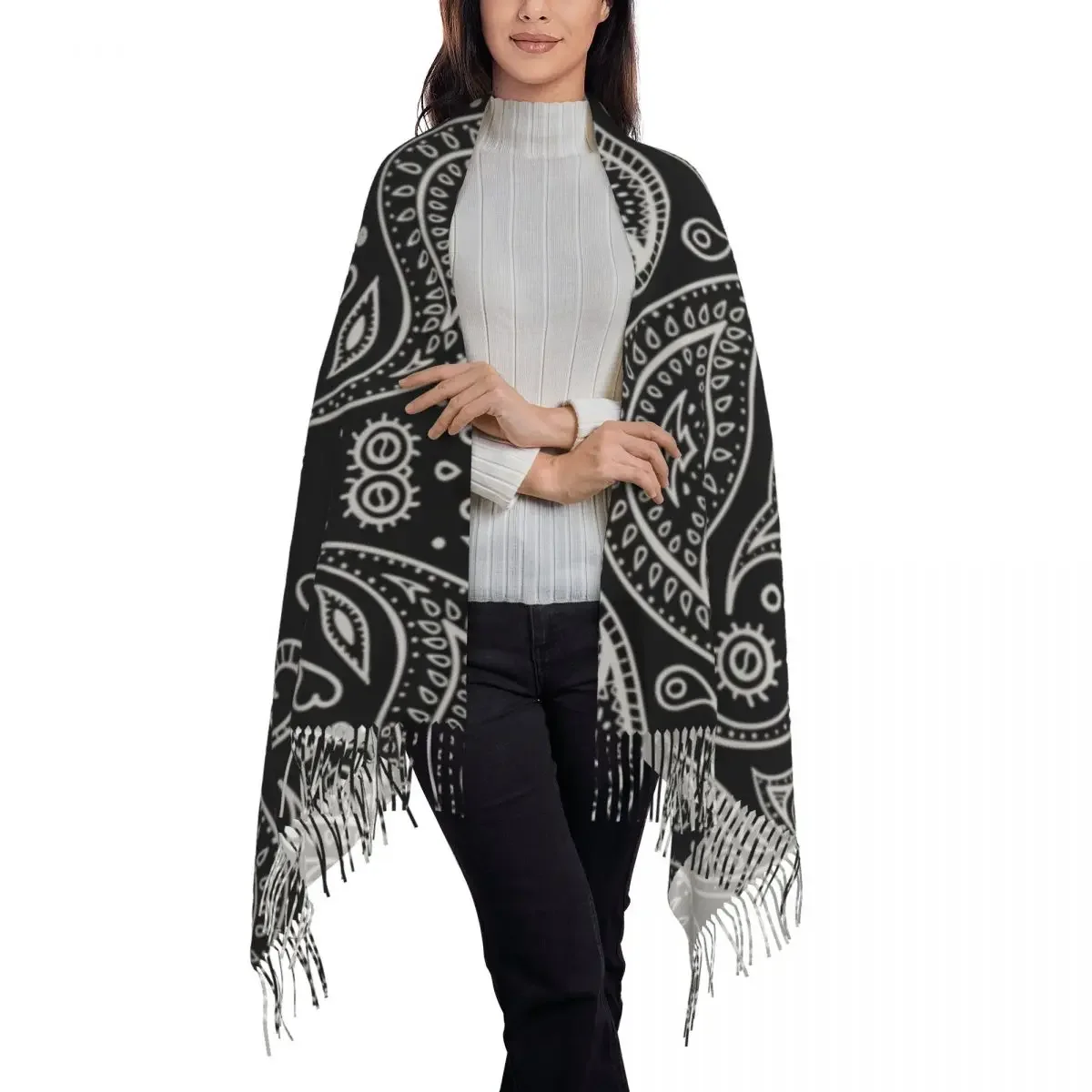 Pañuelo con estampado de cachemir negro para mujer, chal largo con borlas, cálido, para invierno y otoño