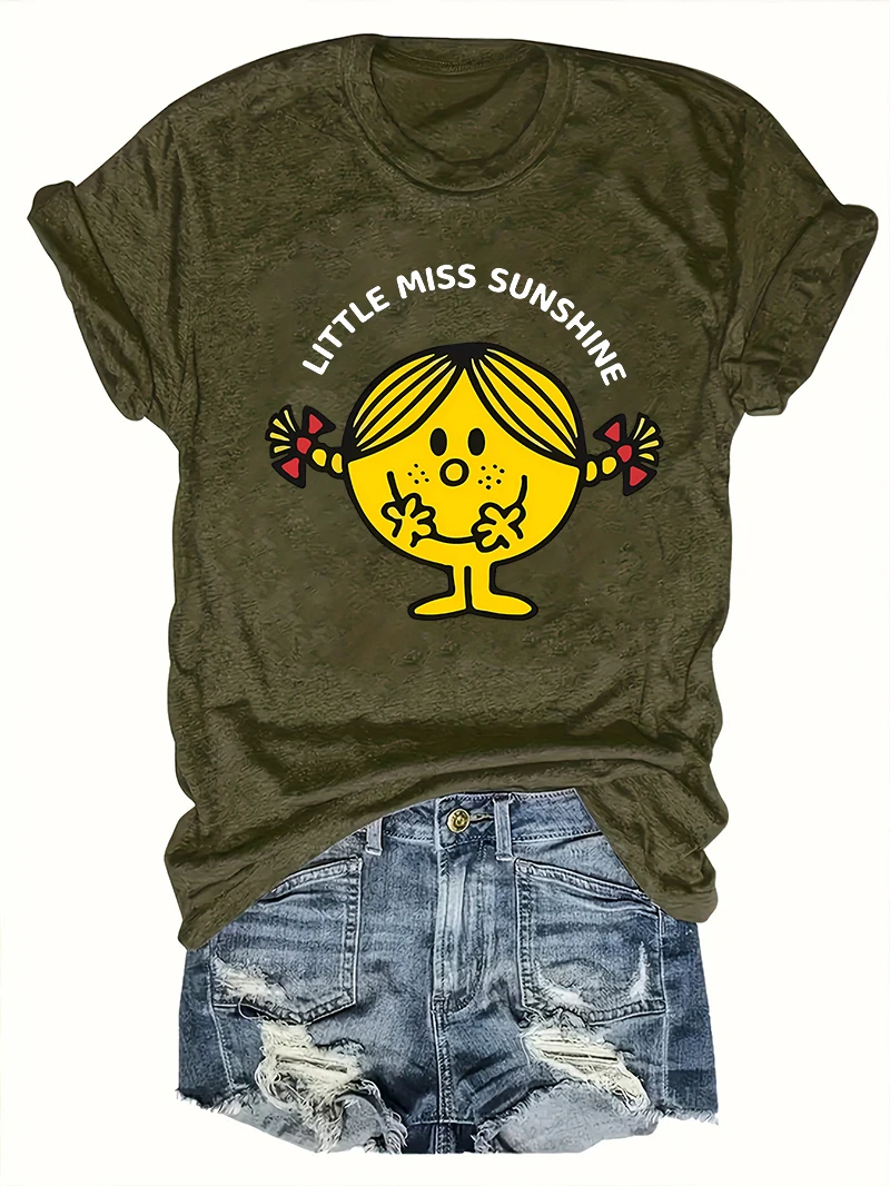 ليتل ميس أشعة الشمس المرأة طباعة الرسم تي شيرت ، قصيرة الأكمام ، جولة الرقبة ، قمم الصيف عارضة للنساء ، ملابس فتاة الكرتون