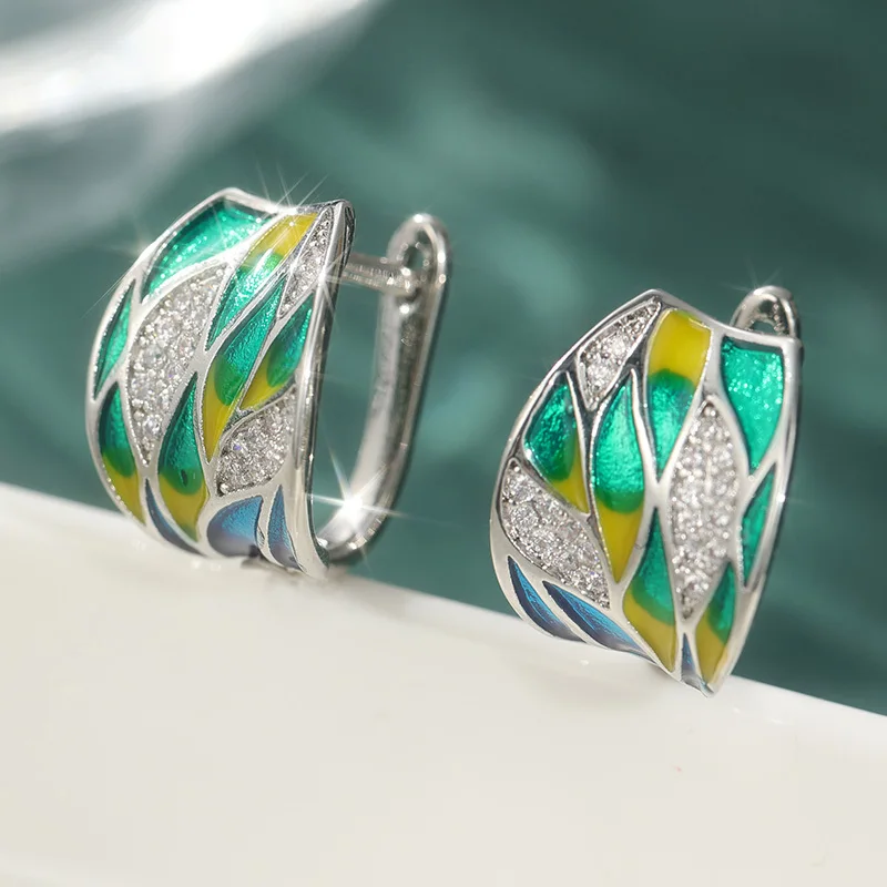 1 Paar künstlerische Retro-Emaille-Ohrringe, brillante synthetische Zirkon-Ohrringe, blaugrüne verflochtene Ohrringe, eleganter Schmuck