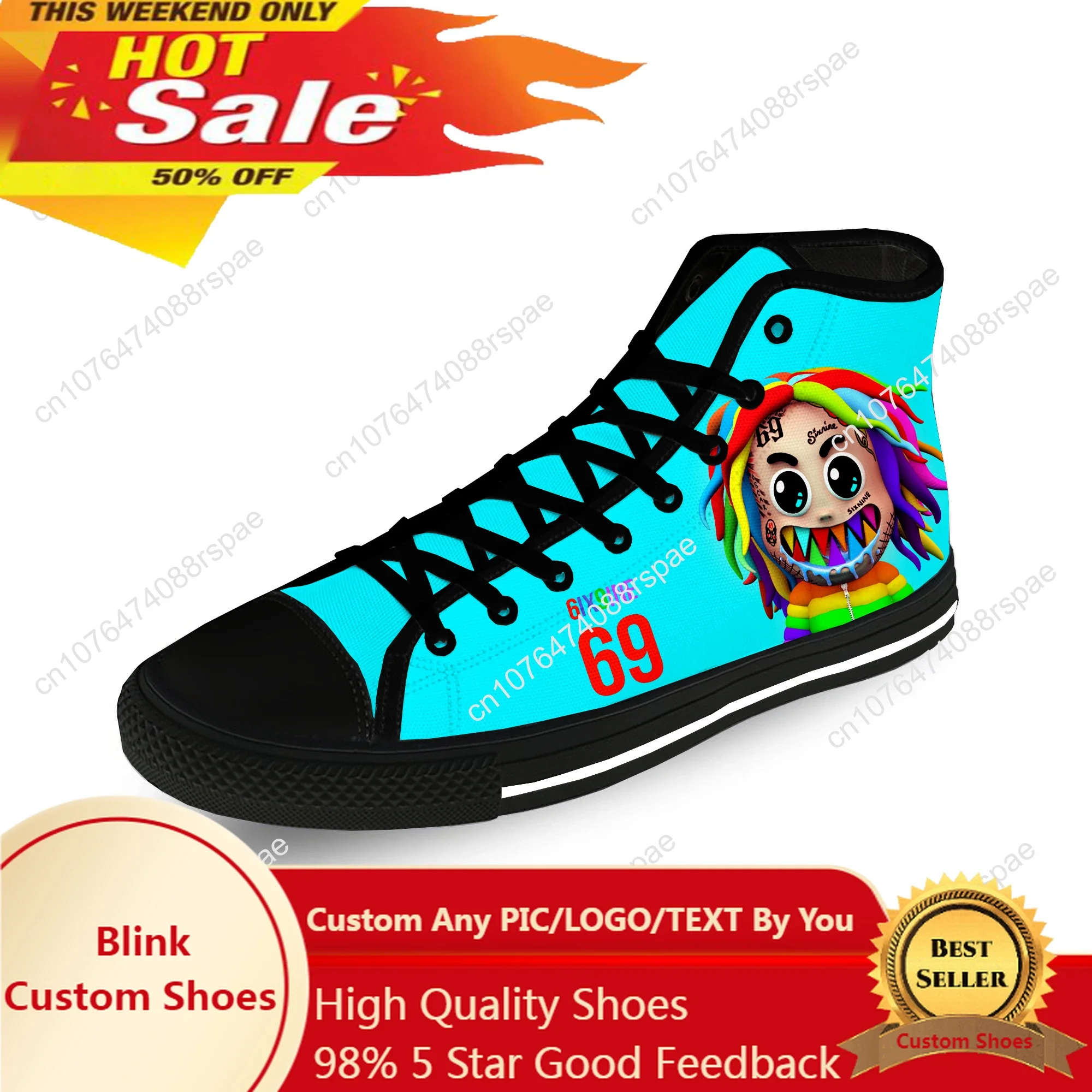 

6IX9INE Hip Hop Rapper Rap Music Casual Cloth Fashion 3D Print High Top Canvas Shoes Men Women Lightweight Breathable Sneakers