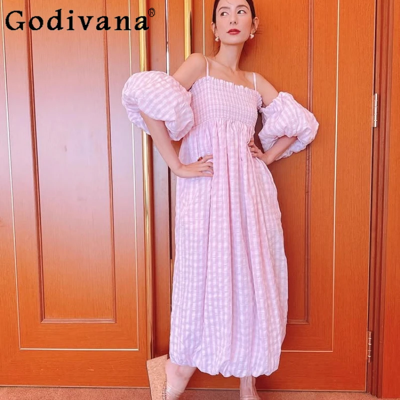 

Japanese Sweet Off-Shoulder Puff Sleeve Pink Long Dresses Summer New Women's High Waist Slim Elegant Slash Neck Basics Dress