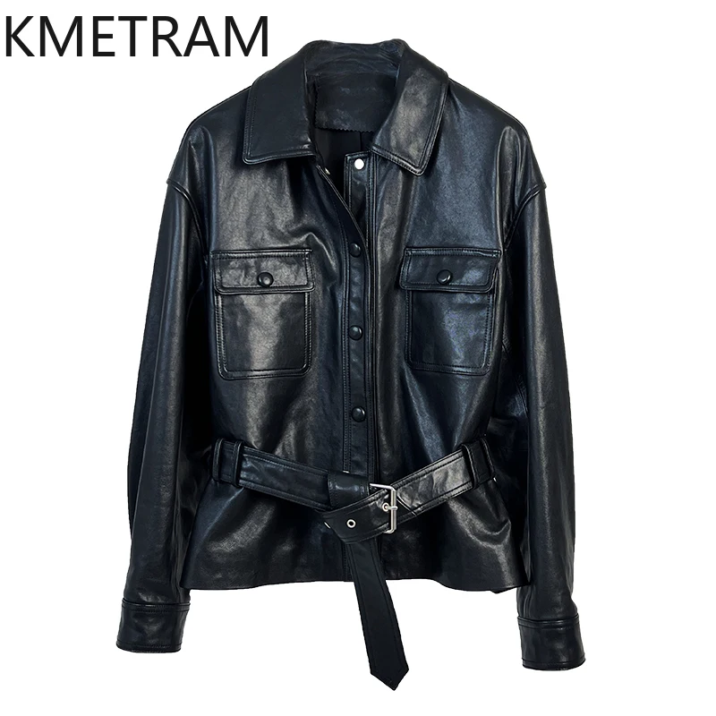 Giacca in pelle di pecora 100% Donna Moda Giacche in vera pelle nera Donna con lacci Novità in capispalla Abiti autunnali 2025жанка