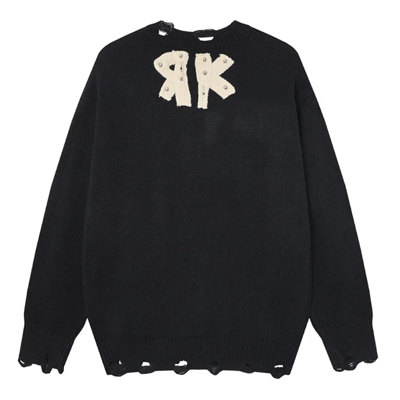 Letter Patches Vintage Sweater Harakuju Casual Pullover Jumper Long Sleeves Sweaters Knitwear For Male