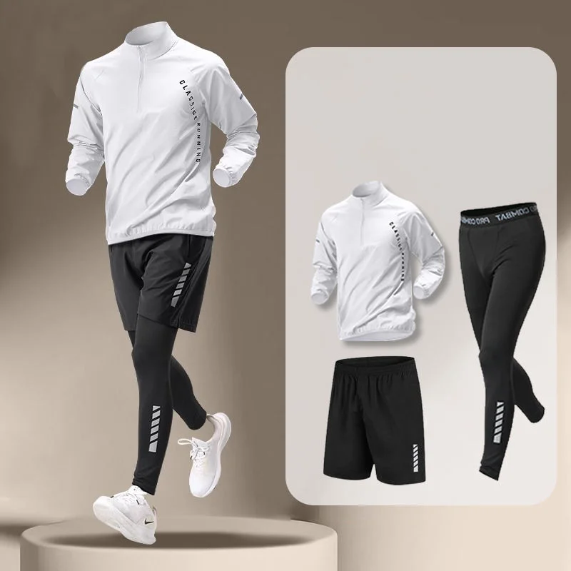 Morning Run New Track Field Sports Training Running Set Men\'s Stand Collar Half Zipper Quick Drying Clothes Long Sleeved T-shirt