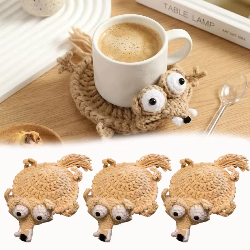 Handmade Crochet Squirrel Coaster Cute Knit Animal Cup Mat Heat Insulation Table Decor Stress Relief Fun Gift for Home Office