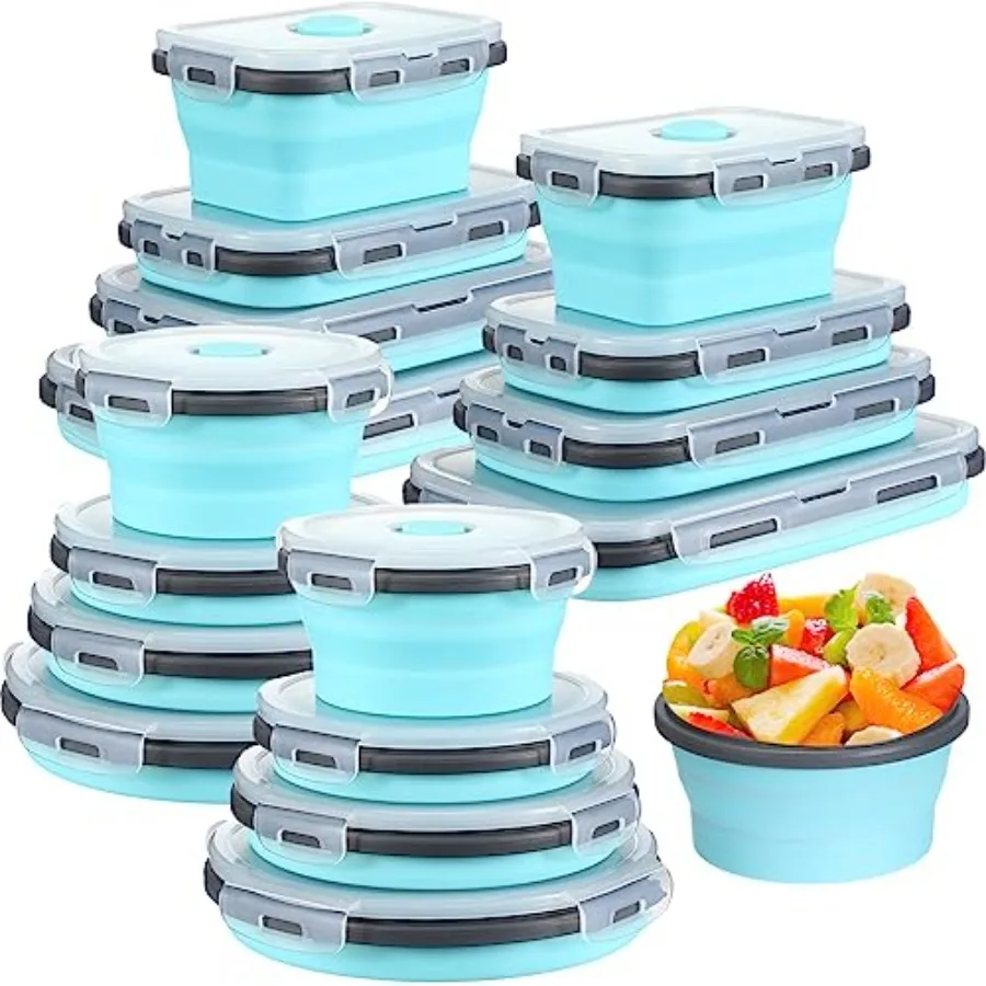 

16 Pack Collapsible Food Storage Containers with Lid Foldable 8 Pcs Rectangle Storage Bowl and 8 Pcs Round Silicone Food Bow fo