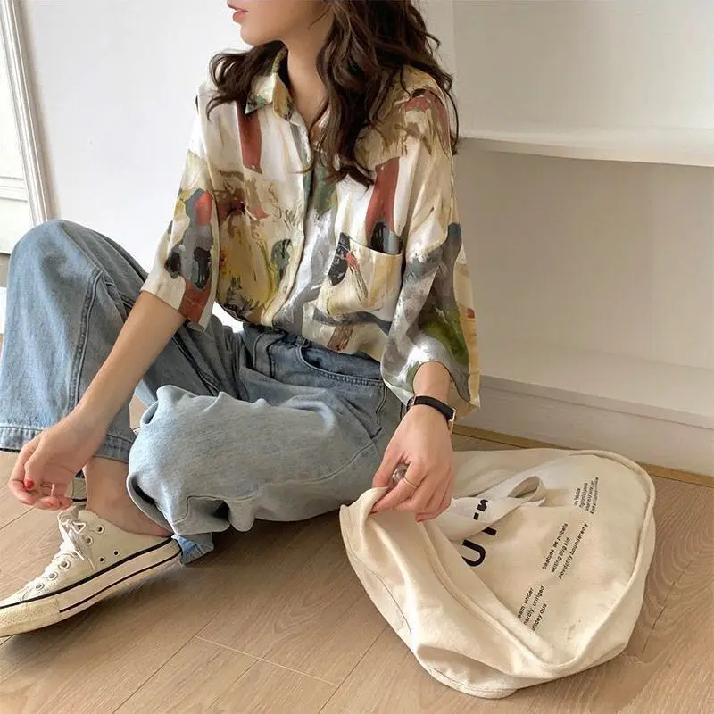 Korean Thin Summer 2023 Women\'s Clothing Fashion Casual Loose Printing Button Short Sleeve Blouses Turn-down Collar Straight