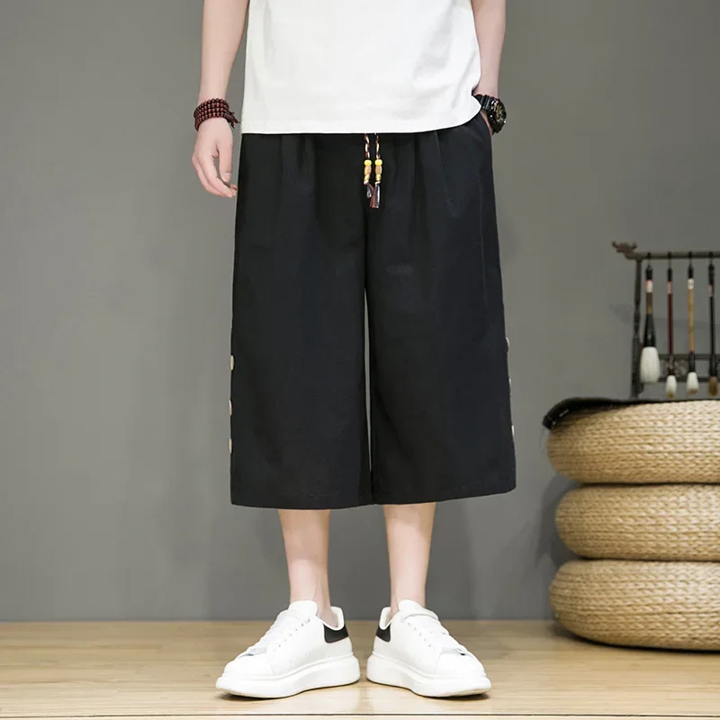 LIBIELIY Chinese Style Men'S Pants Summer Vintage Shorts Solid Color Drawstring Thin Joggers Men Straight-leg Sweatpants Men Clo
