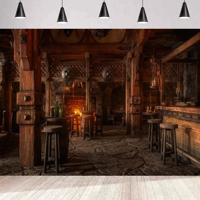 Medieval Tavern Inn Bar Photography Backdrop For Ancient Wooden Interior Counter Stools Fireplace Buring Fire Background Wall