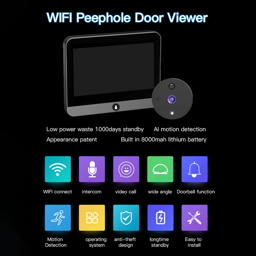 Tuya Smart 1080P Door Peephole WiFi Camera 4.3\' Infrared Light Intercom Door Cameras 8000mAh Battery Wireless Doorbell for Home