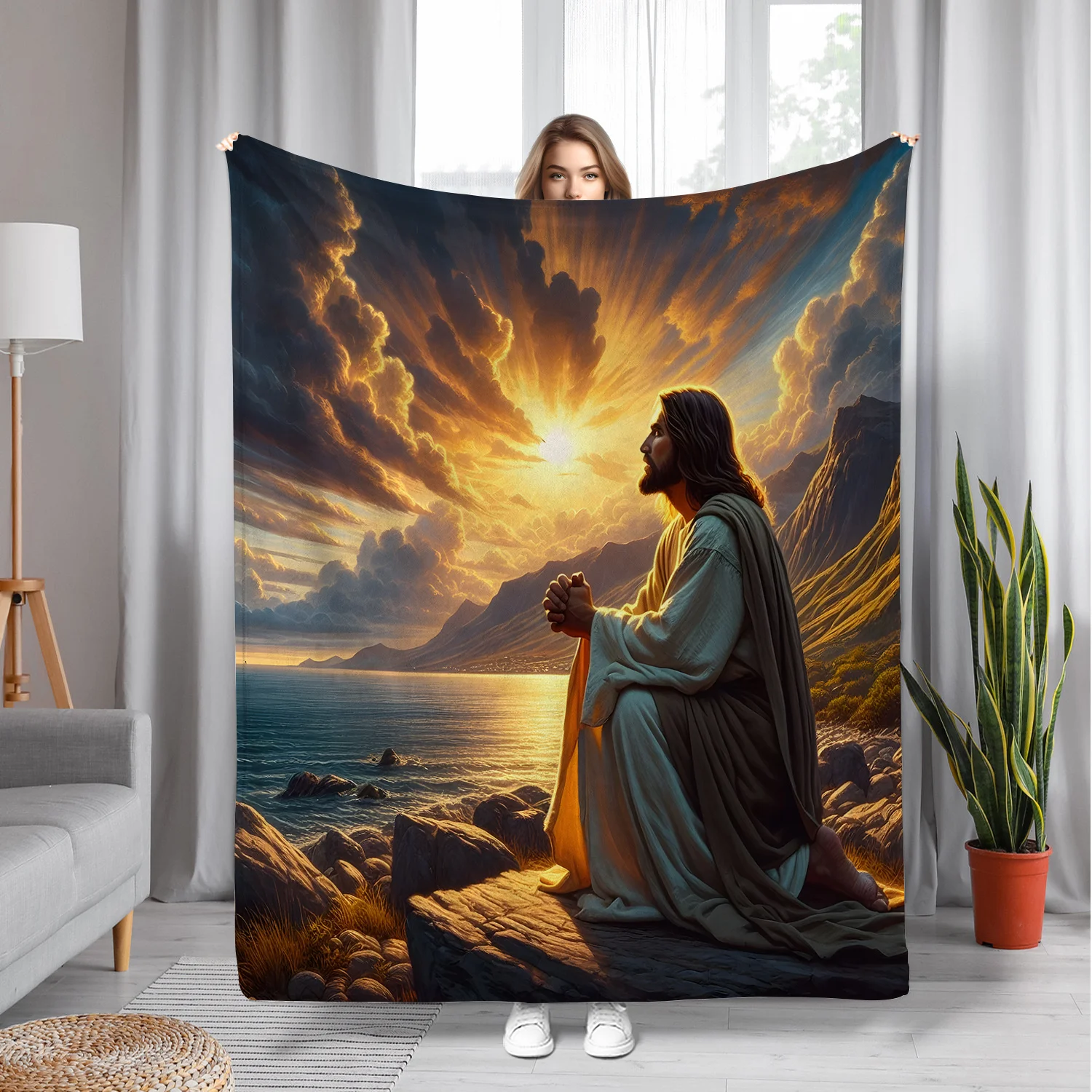 

Jesus Prayer Seascape Flannel Blanket, Serene Sunset Digital Print,Soft Lightweight for Spiritual Decor All Season Comfort Throw