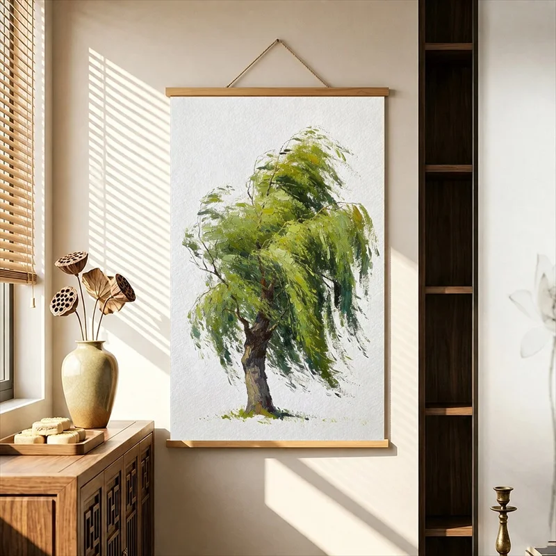 Wall Art Windblown Willow Trees in Green Watercolor, Natural Botanical Pearlescent Canvas Wall Hanging Scroll for Tea House