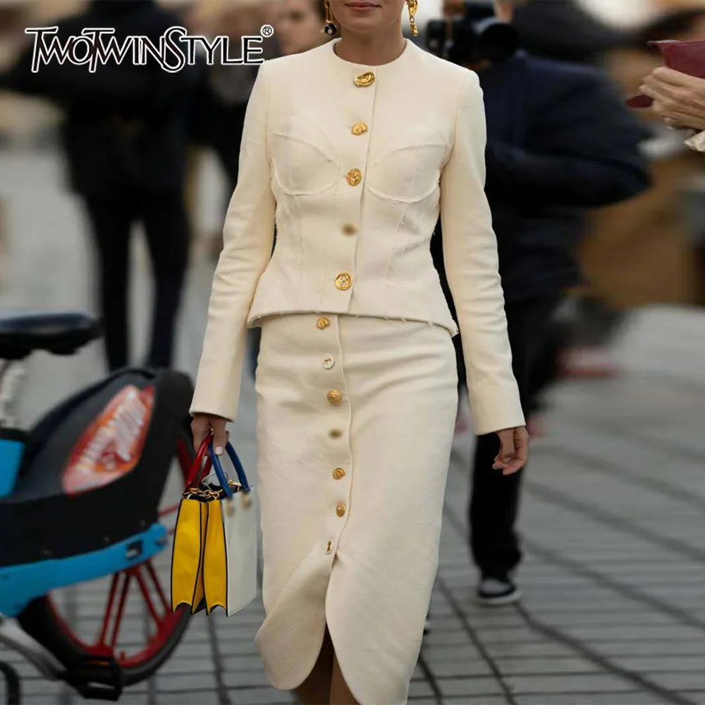 

TWOTWINSTYLE Solid Spliced Button Two Piece Sets for Women O Neck Long Sleeves Patchwork Bright Line Top Long Skirt Set Female