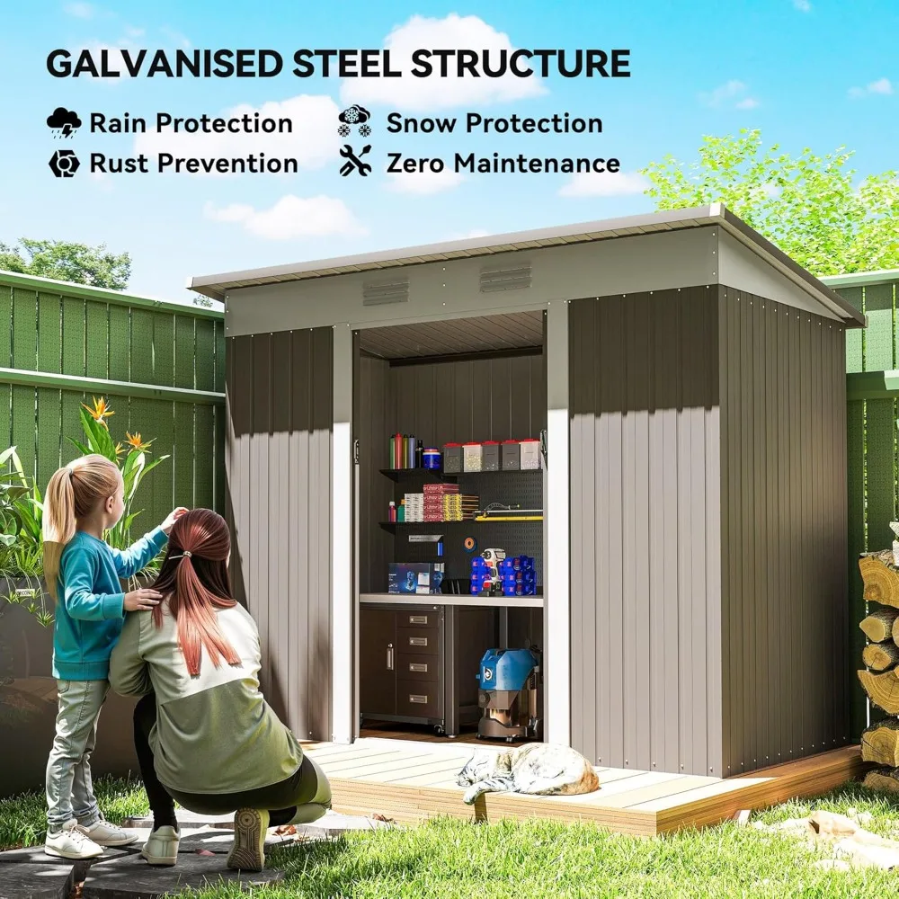 سقيفة معدنية مائل للتخزين في الهواء الطلق، منزل أدوات الحديقة مقاس 8 × 4 مع أبواب منزلقة مزدوجة وفتحتين للهواء