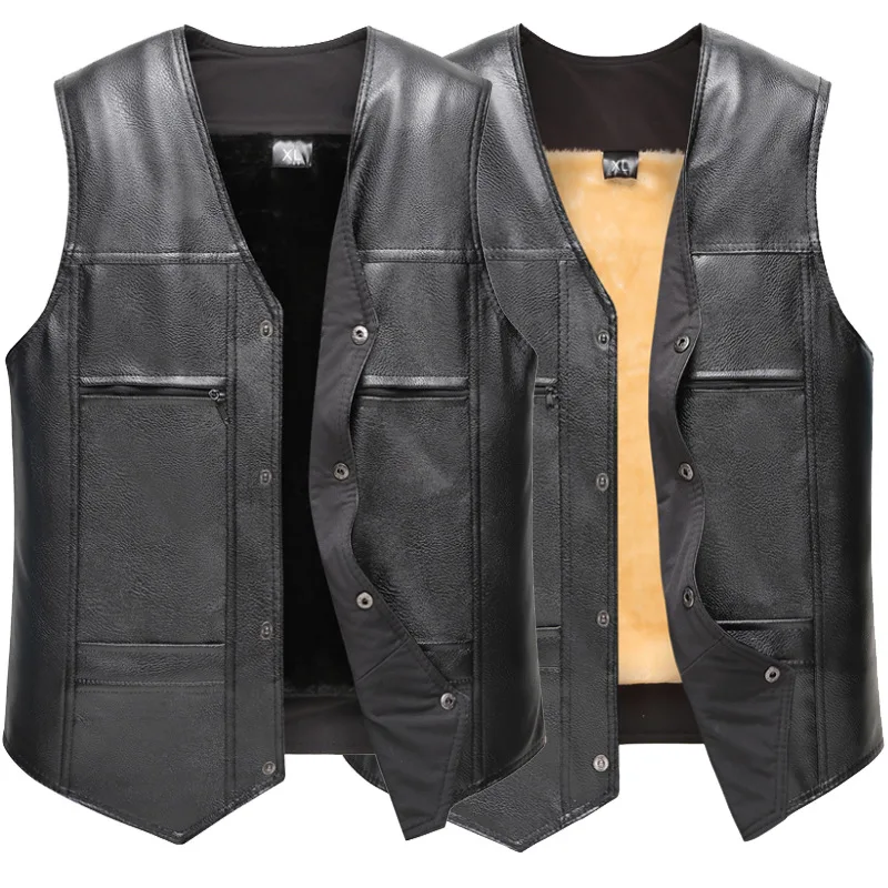 Men's New Black Vest Autumn and Winter Casual Vest Middle Aged Dad Thickened Velvet Warm PU Vest