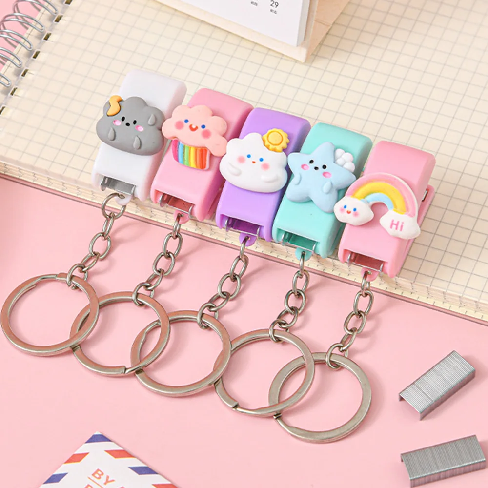 1pc Pink/white cartoon student mini stapler, small and portable, can be used as a keychain, with size 10 staples