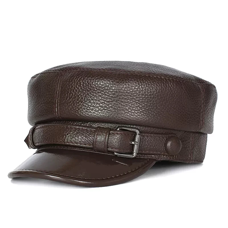 2024 Autumn NEW Menโs Hat Army Military Hats Fashion Genuine Leather Cowhide Cap Women Korean Vintage Patent Leather Flat Caps