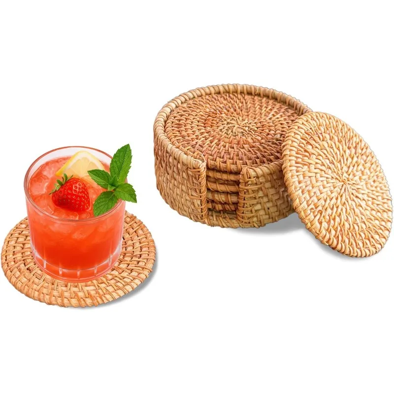 

Set of 6PCS Handmade Rattan Coasters with Holder, Natural Wicker Boho Coasters, Heat-Resistant for Hot & Cold Drinks
