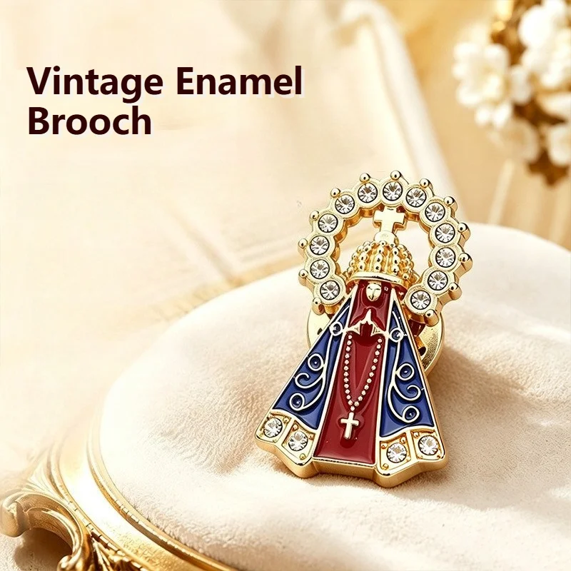 Vintage Enamel Brooch with Rhinestones Guardian Madonna Butterfly Buckle Badge Decoration Craft Gift for Men and Women