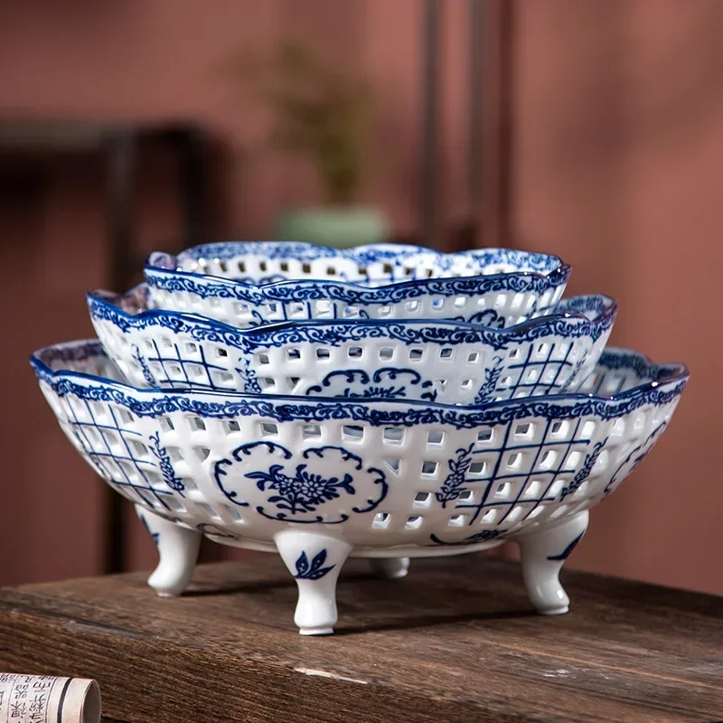 A13 Ceramic Fruit Plate Restaurant Fruit Plate Drain Four Corners High Foot Ceramic Large Capacity Ceramic Fruit Plate