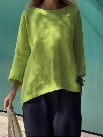 Moda O-Collo Manica a nove quarti in cotone e lino Top Camicette Donna 2026 Primavera Estate Solido Camicia allentata Top Femme Camicetta Camicie