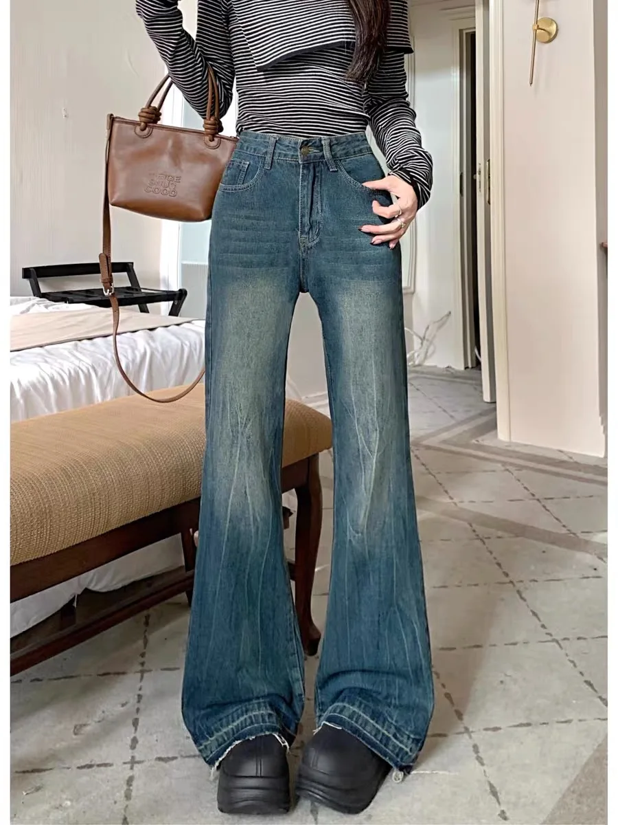 

High Waist Bell Bot Denim Jeans Women's Spring 2026 New Vintage Small Size Slimming Floor-Length Pants Casual Wear