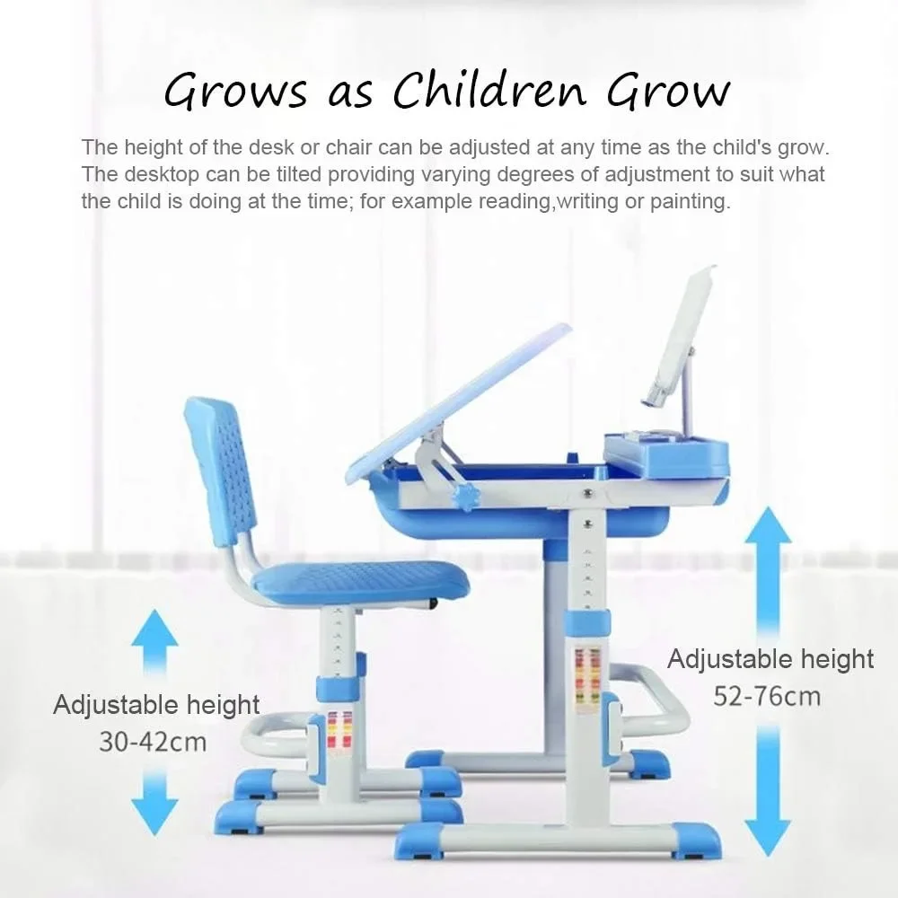 مجموعة مكتب وكرسي قابل للتعديل للأطفال ، مكتب دراسة مدرسة للأطفال ، سطح مكتب إمالة ، مسند كتب ، مصباح ليد