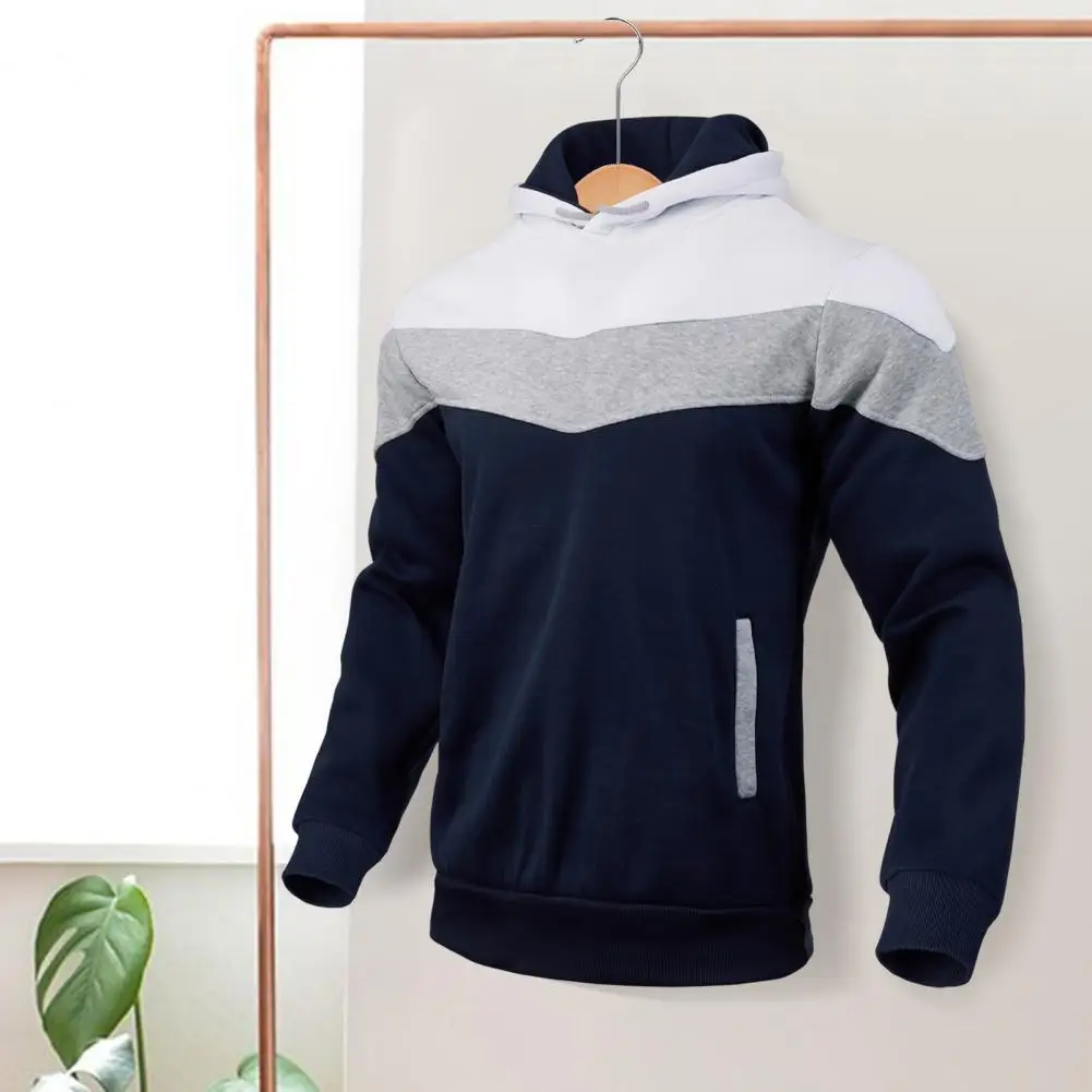 Men Warm Hoodie Men Hooded Sweatshirt Men's Colorblock Drawstring Hoodie with Thick Plush Material Long Sleeves Big for Fall