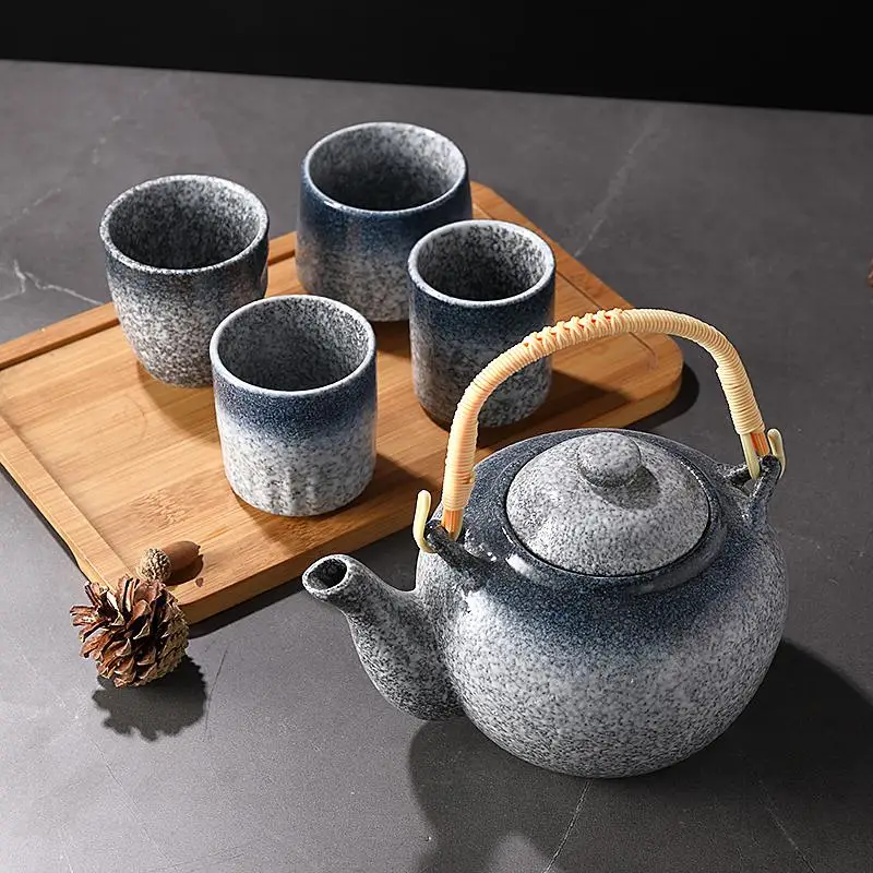 

Creative Restaurant Ceramic Kettle Bamboo Handle Handheld Teapot Set Creative Retro Style Large Capacity Tea Set